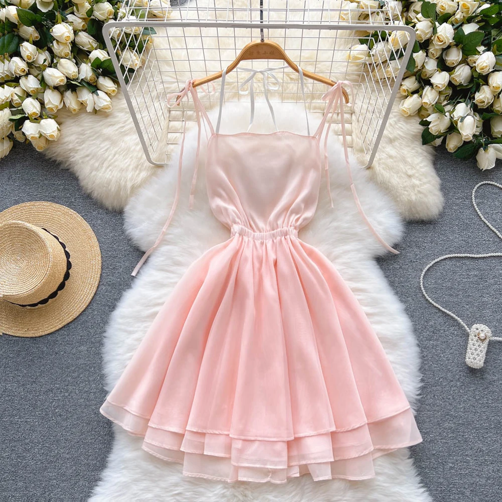 

Pure Desire Sexy Hot Girl Sweet Design Sense Backless Pink Small Waist Pleated Halter Dress