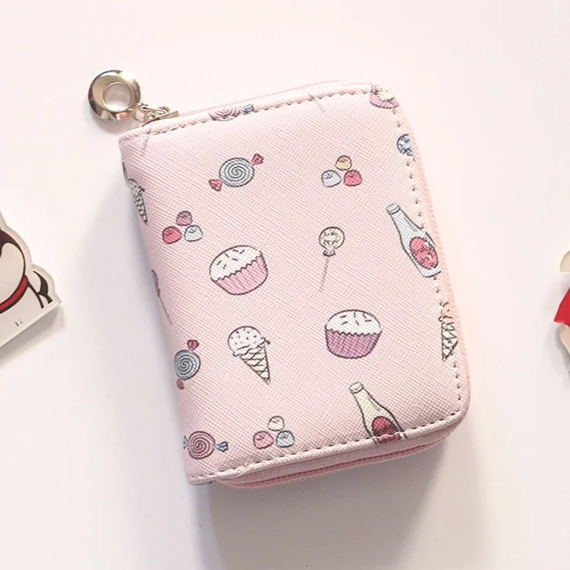 MOONBIFFY Cute Fruit Short Wallets for Women Ice Cream Cake Girl Mini Zipper Money Coin Purses Card Holder PU Leather Clutch Bag