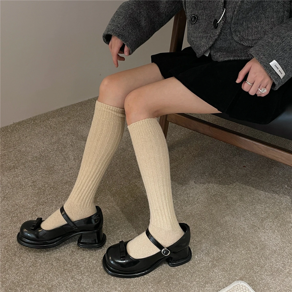 Winter Warm Thicken Wool Fleece Knee High Long Thermal Socks Woman Japanese Harajuku Coffee Striped Knit Moving Stockings Tights images - 6
