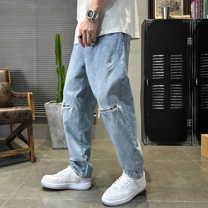 American Street Fashion Men Jeans Retro Blue Loose Fit Ripped Jeans Men Wide Leg Trousers Patched Designer Straight Pants Hombre