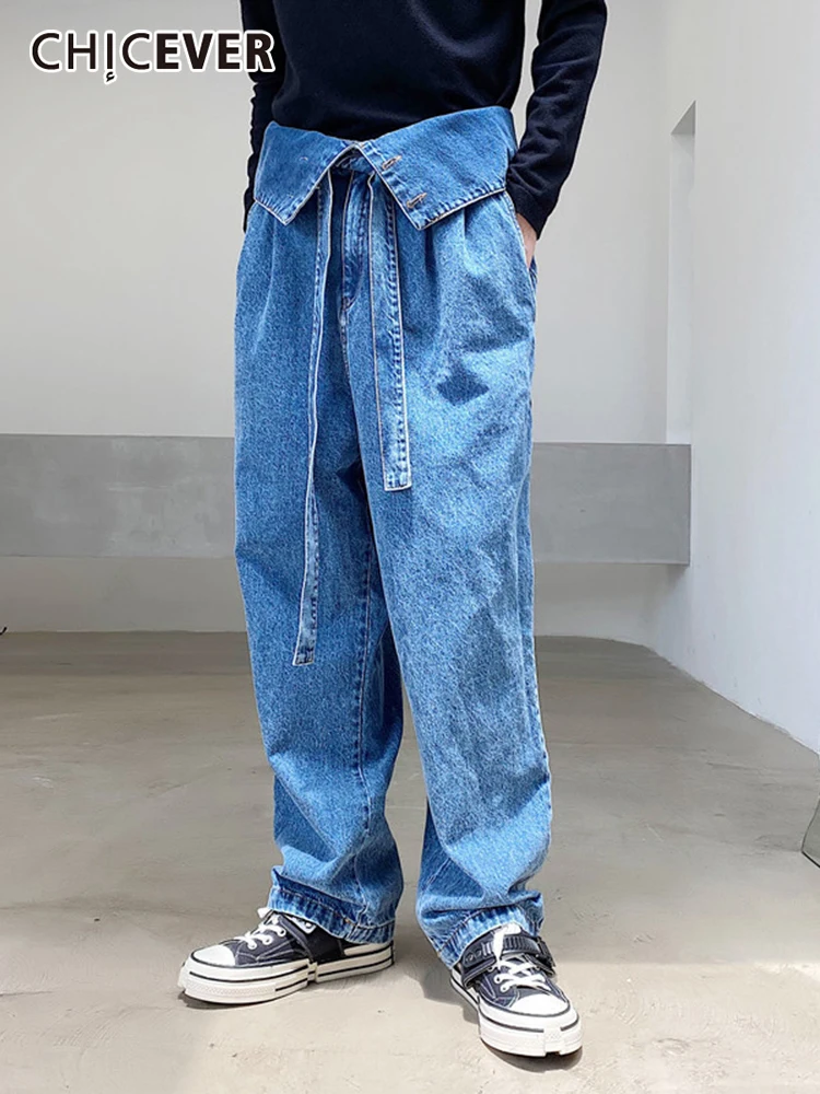 

CHICEVER Spliced Lace Up Denim Pant For Women High Waist Patchwork Botton Folds Solid Streetwear Harem Pants Female Spring New