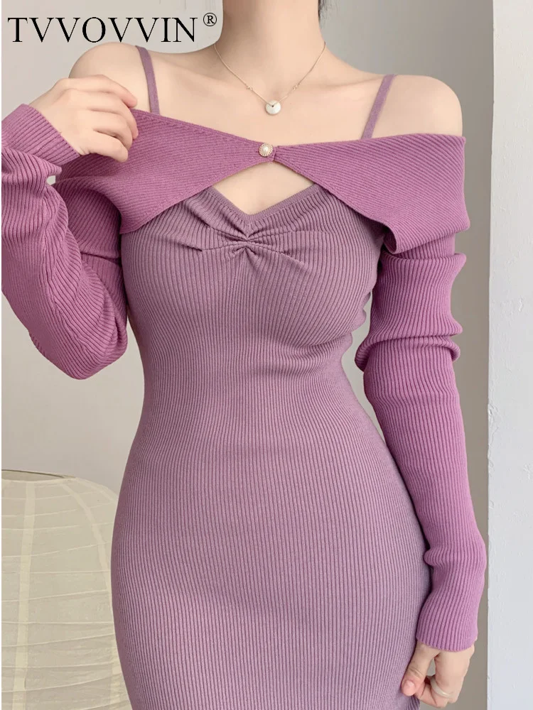 

Gentle Elegant TVVOVVIN Slim Sweater Knitting Long Dress Two Piece Contrast Dresses Fashion Women Winter Autumn Robe VW11