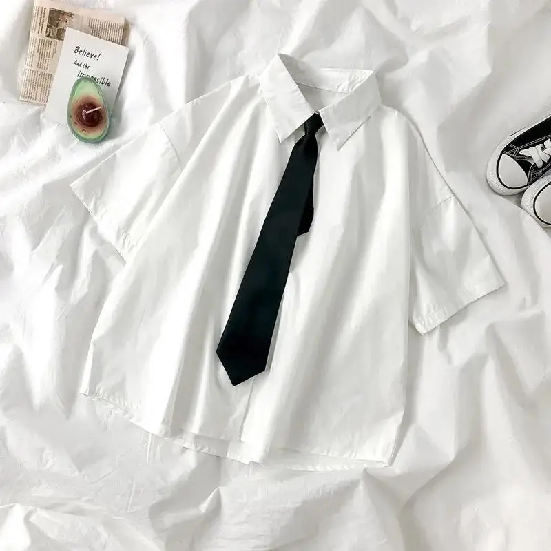 

Women Summer Casual White Shirts With Tie Japanese Preppy Collared Shirt Oversized Tops Blouse Simple Blouses Top Woman Clothing
