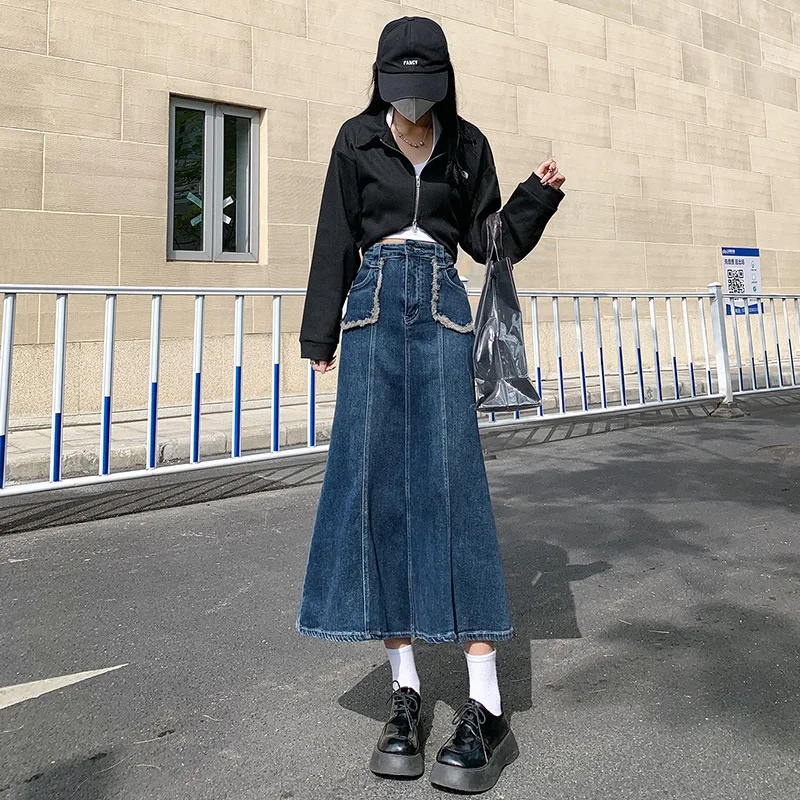

Tears Pocket Frayed Retro Washed Fishtail Denim Skirt High Waist Skirt