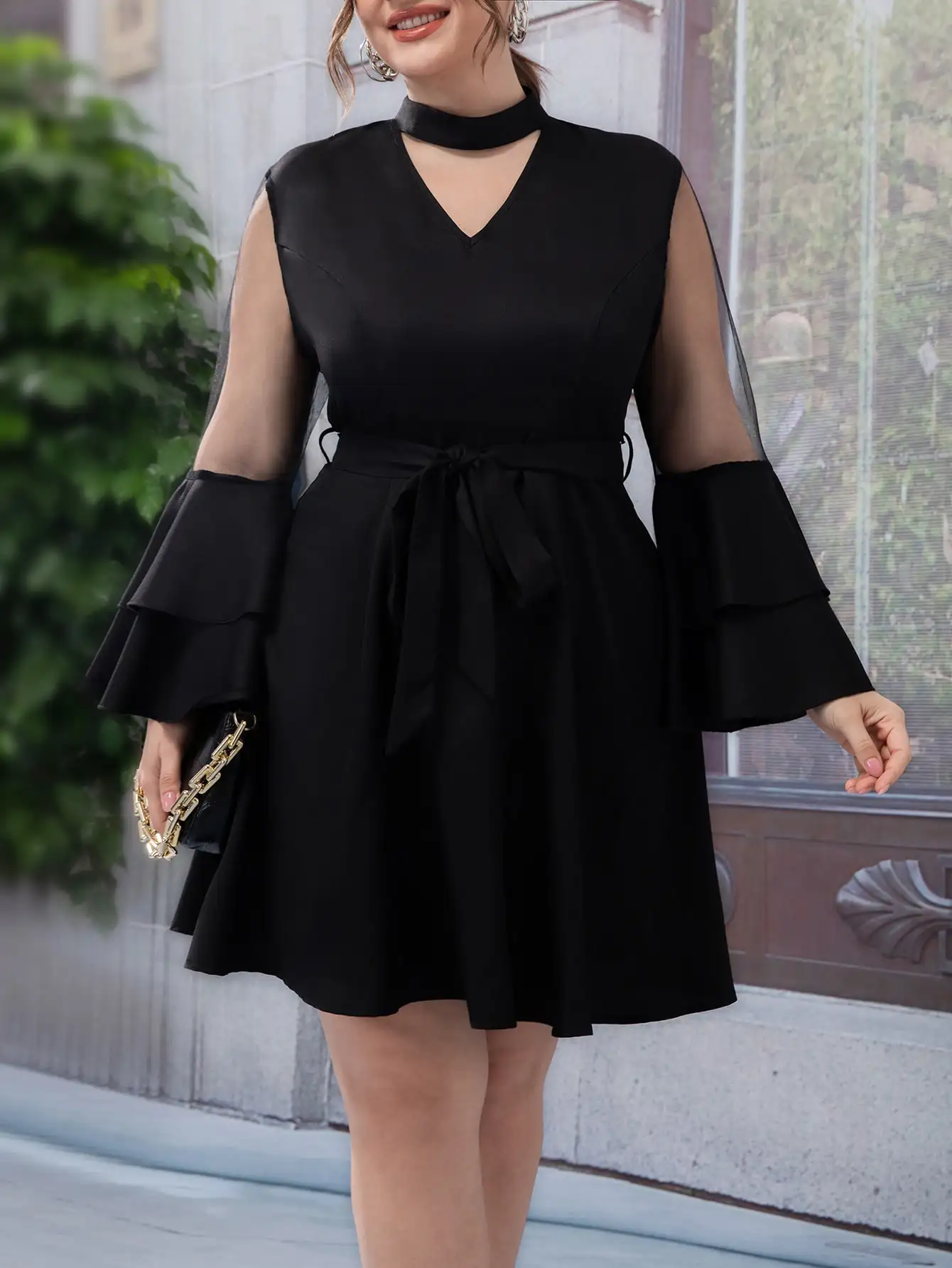 Finjani размера плюс вечерние платья, женская одежда, повседневное черное Сетчатое платье с вырезом на рукавах, элегантное женское равномерное платье 