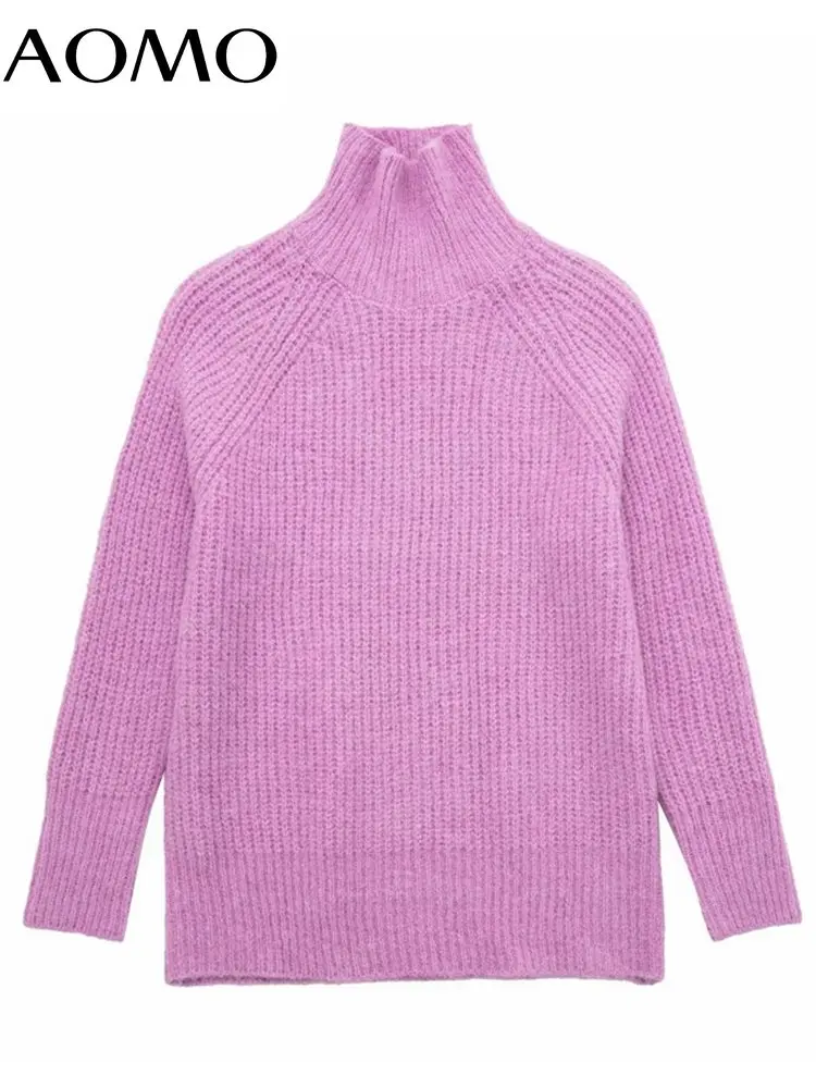 

AOMO Women Pink Turtleneck Knitted Sweater Jumper Female Elegant Pullovers 3H629A