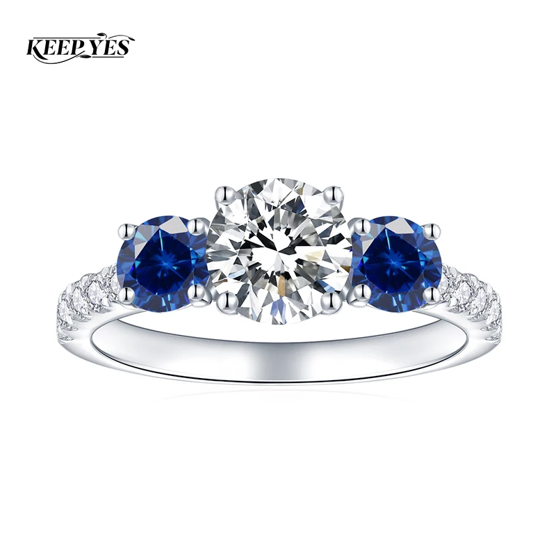 Фото Кольцо KEEP YES 1CT 6,5 мм с муассанитом и тремя бриллиантами для женщин, обручальное/свадебное кольцо с выращенным в лаборатории сапфиром, серебро 925 пробы №1