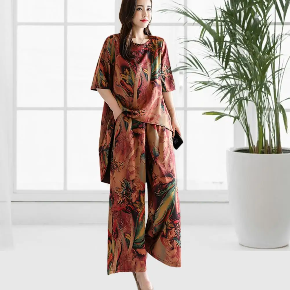 

Fashion Top Pants Set Loose Fit Casual Outfit High Low Hem Women Retro Pattern Long Top Wide Leg Pants Set Dressing Up