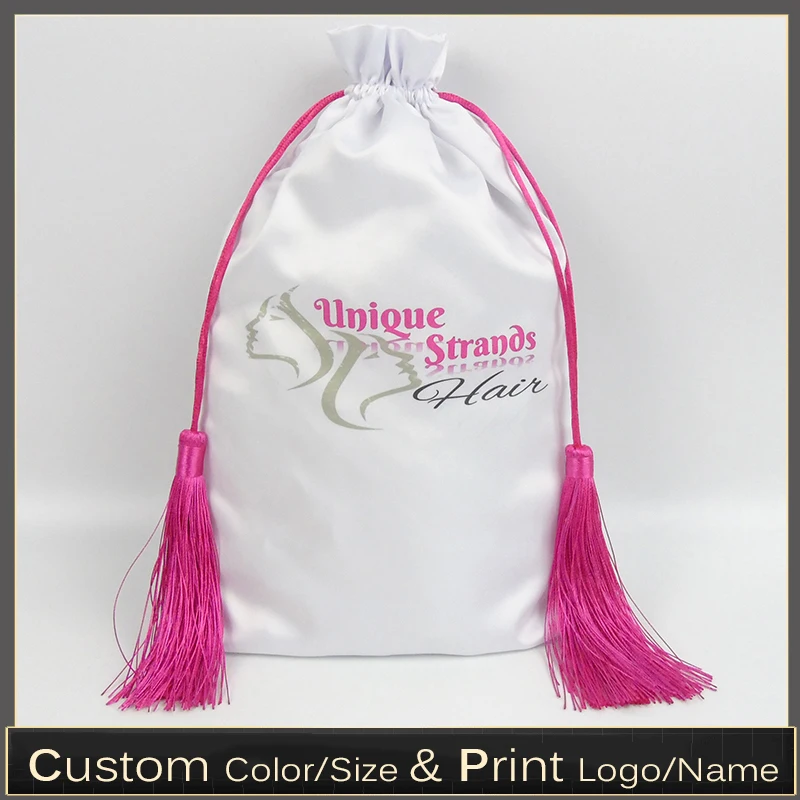 20PCS Custom Logo Satin Packaging Bags for Hair Silk Tassel Drawstring Bag 15x20/18x30/30x40cm Wig Jewelry Gift Sachet Dustproof