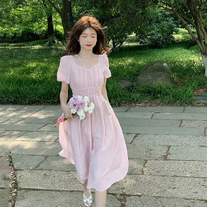 

Women Princess Wait Puff Sleeve Midi Dress Summer Female Casual Mixi Chiffon Korean Fashion Type Long Dresses Clothing 2023 New