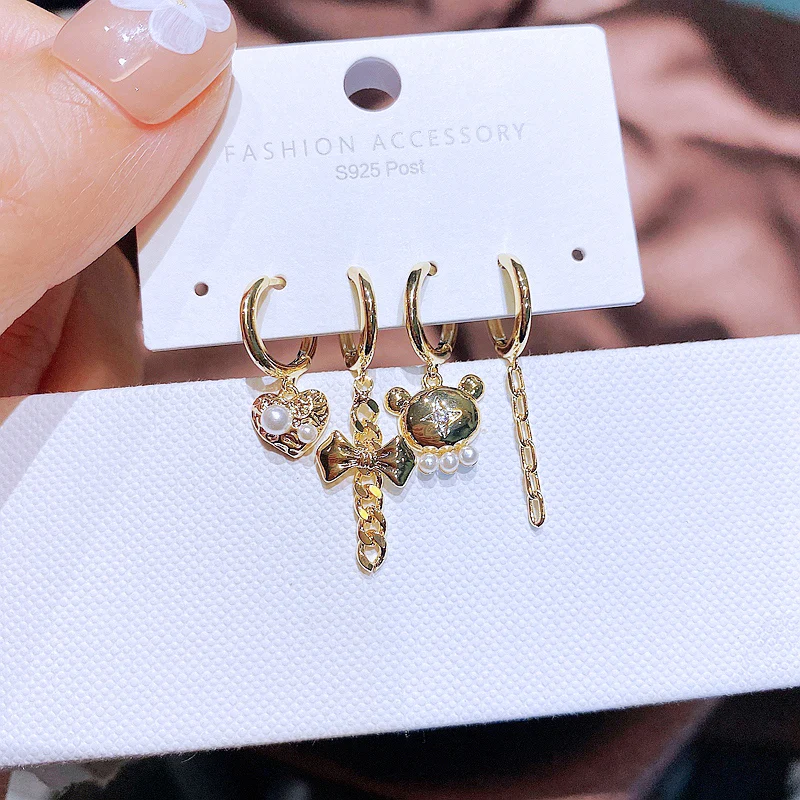 

Trendy 4pcs Heart Bowknot Bear Hanging Hoop Earrings Gold Color Simulated Pearl Women Huggies Jewelry