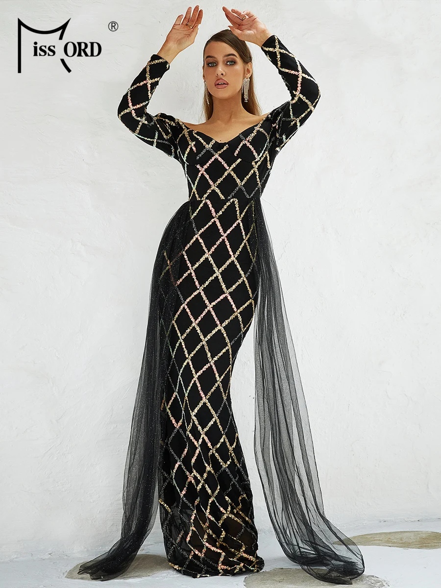 

Missord Black Luxury Party Dress Women Sweetheart Neck Long Sleeves Plaid Sequin Mesh Draped Evening Banquet Prom Dresses Gown
