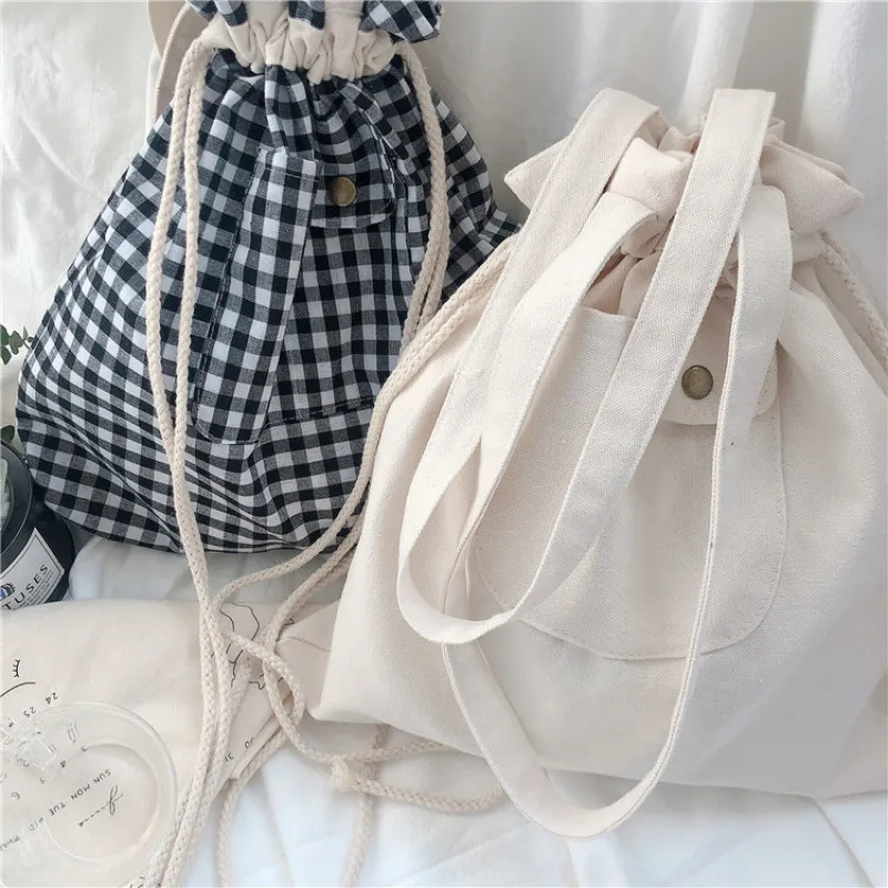 

Women Canvas Drawstring Shoulder Bag Casual Daily Shopping Bags Reusable Students Book Bag Cloth Handbags Large Tote For Girls