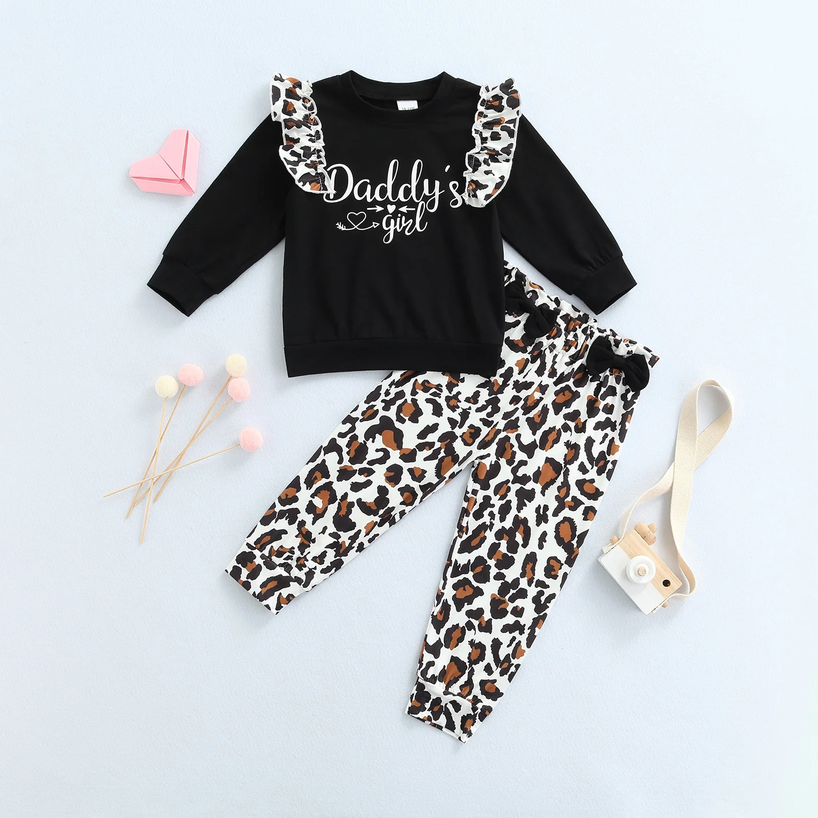 

1-6 Years Letter Baby Kid Autumn Clothes Little Girl's Pants Set, Long Sleeve Letter Print Sweatshirt with Leopard Print Pants