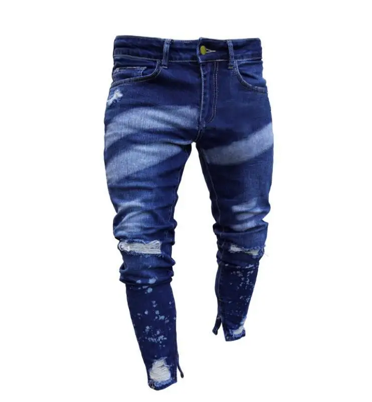 Mens Hole Skinny Jeans Fashion Washed Striped Ripped Slim Denim Pants For Men 2023 New Male Hip Hop Zipper Foot Jean Trousers
