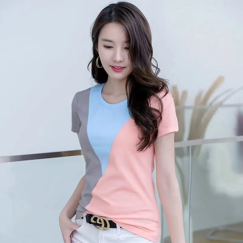 

Fashion Contrast Color Splicing T-shirt Women's Short Sleeve Foreign Style Small Shirt New Round Neck Slim Top in Summer 2023