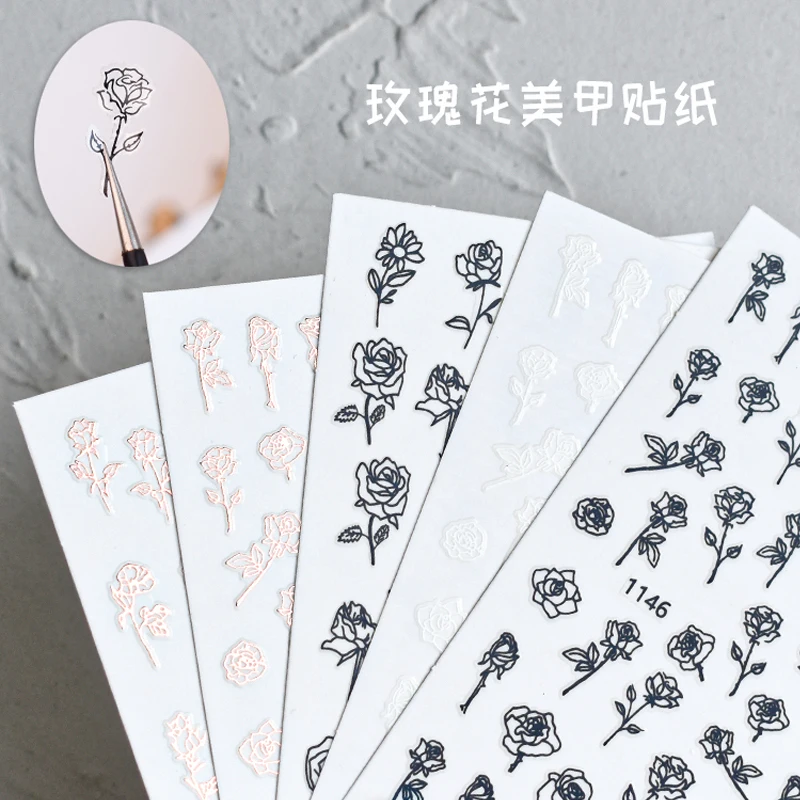 Simple Line Rose Nail Sticker Nail Slider Fashion Color Rose Flower Decal Nail Art Decoration Tie Dye Series Stickers Nail Decal