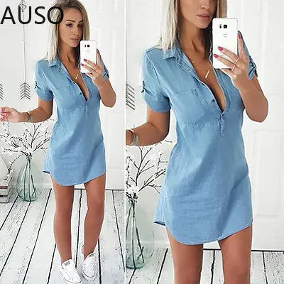 

summer women denim dresses short sleeves Slim V-neck Sexy Casual Office Jeans Dress Vestidos Robe Party 2022 Dresses