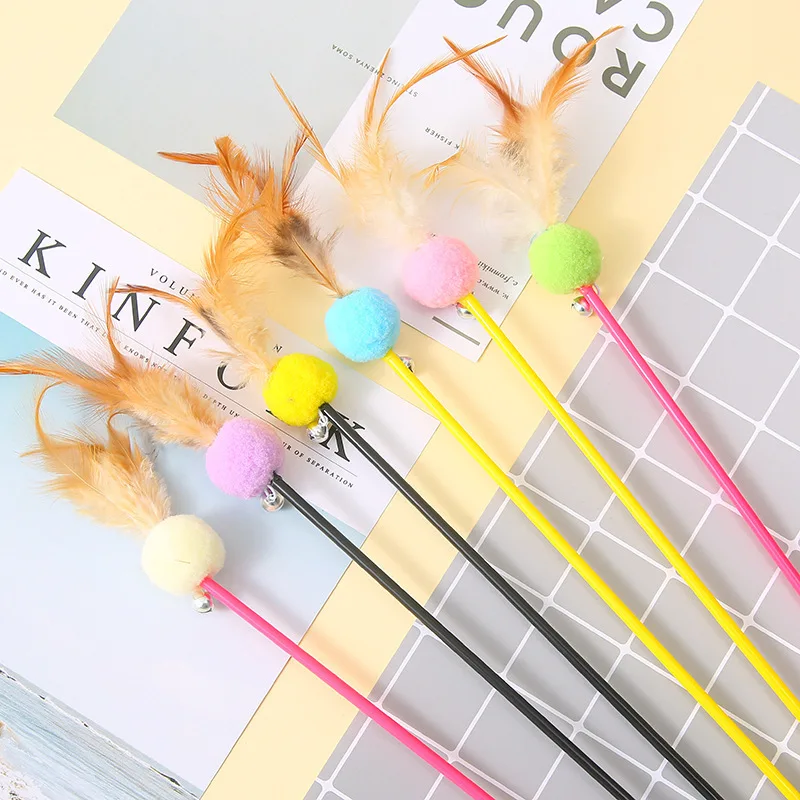 

5pcs/lot Cat Toys Feather Wand Kitten Cat Colorful Feather Interactive for Kitten Playing Teaser Stick Toy Wire Chaser Wand Toy