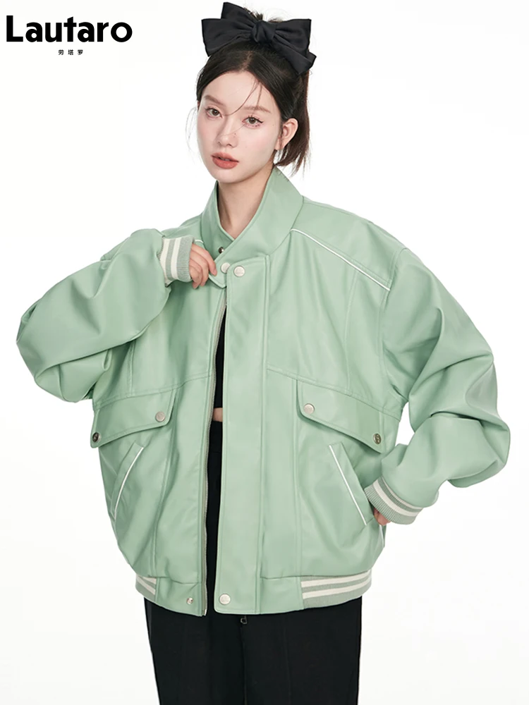 

Lautaro Демисезонный негабаритный зеленый искусственная кожа университетская куртка-бомбер женская с заниженным плечом с длинным рукавом Кру...
