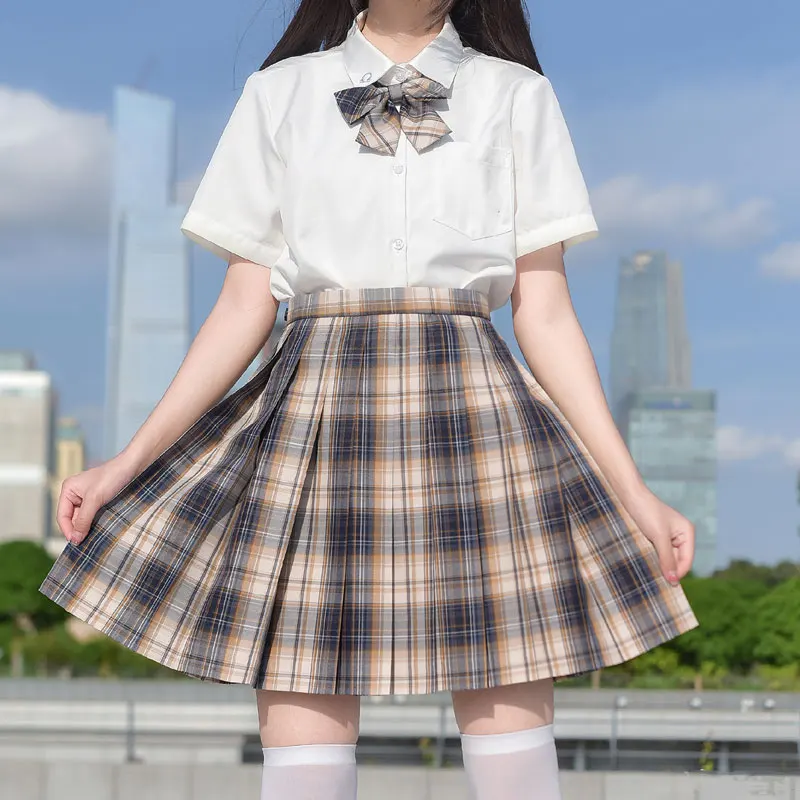 

Japanese Girl's Summer High Waist Pleated Plaid Skirts for JK School Uniform Students Cloths Sailor Suit Shirt Skirt Bow Tie