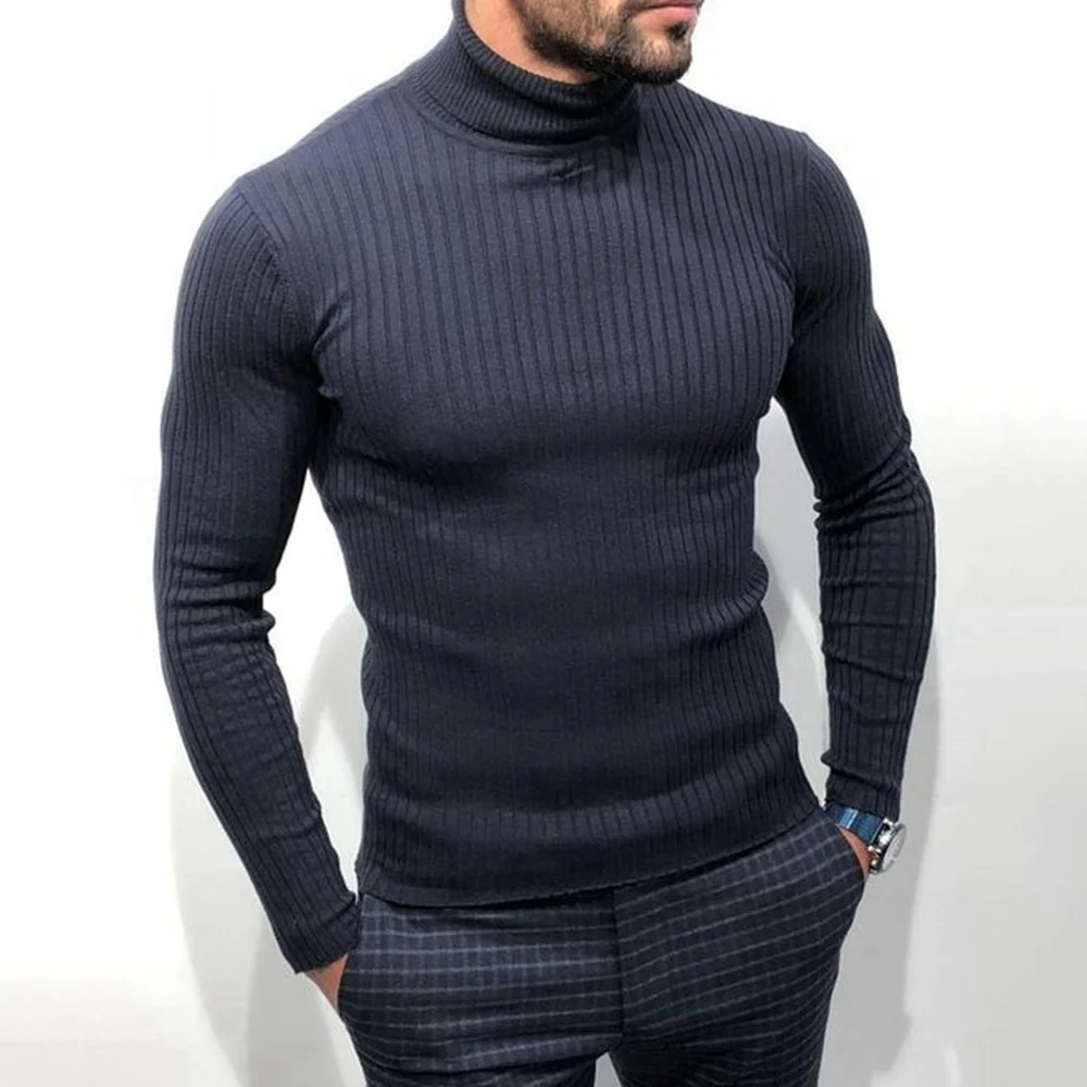 Covrlge Spring Autumn New Men's High-neck Black Knitted Sweater Long-sleeved Sweater Slim Fit Bottoming Shirt for Men MZM163
