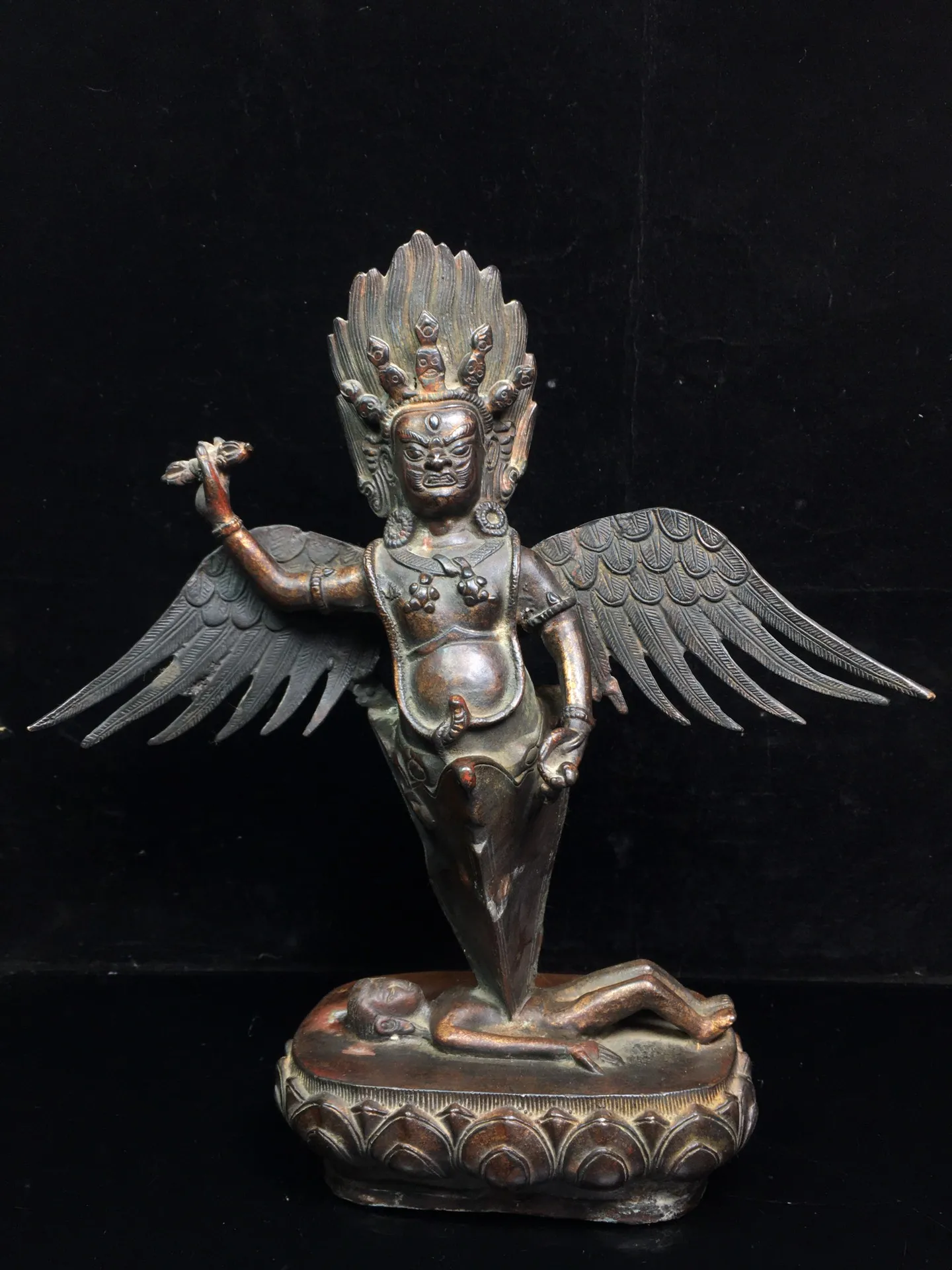 

12" Tibetan Temple Collection Bronze Cinnabar mud gold Vajra Buddha Dapeng Garuda Standing Buddha Town house Exorcism