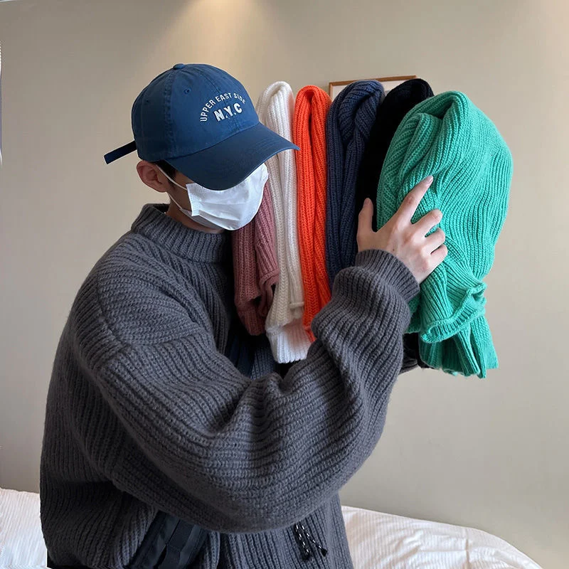 

2021 NEW Korean Warm Men's Oversized Sweaters Solid Color Knitted Man Women Casual Pullovers 2021 Autumn Winter Male Tops