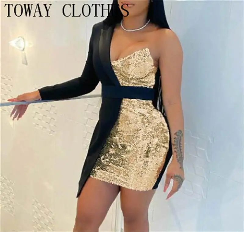 Женское платье с одним открытым плечом вечернее лоскутное блестками облегающие