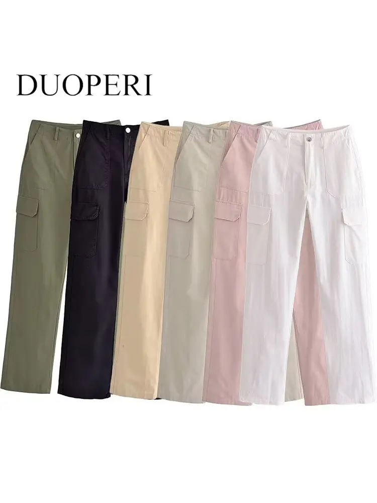 

DUOPERI Women Fashion With Pockets Solid Front Zipper Trousers Vintage High Waist Full Length Female Chic Lady Cargo Pants