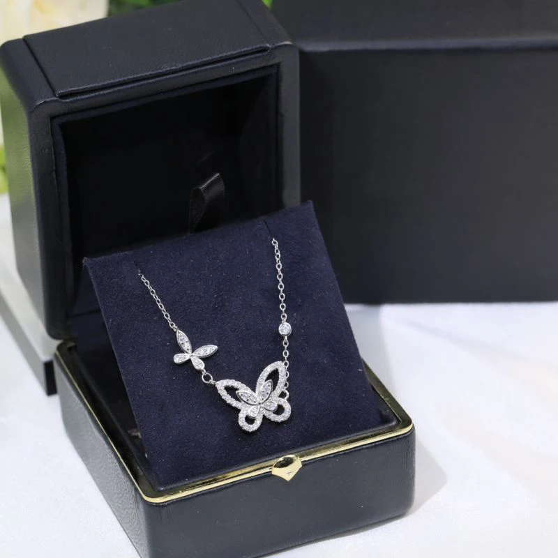 

London Luxury Brand Jewelry High Quality 925 Silver Shiny Double Bow Diamond Pendant Women's Necklace Charm Gift