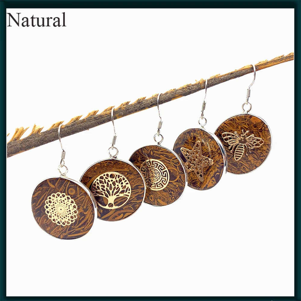 

2pcs Natural Stone Vintage Tiger Eye Stone Round Pendant Earrings Tree of Life Five pointed Star Fashion Jewelry Accessorie 26mm