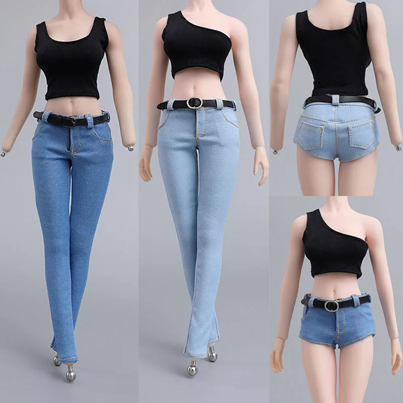 

1/6 cdtoys cd023 / cd025 Female Short Vest Long Jeans Denim Pencil Pants Clothes Set Fit 12'' Action Figure for Hobby Collection
