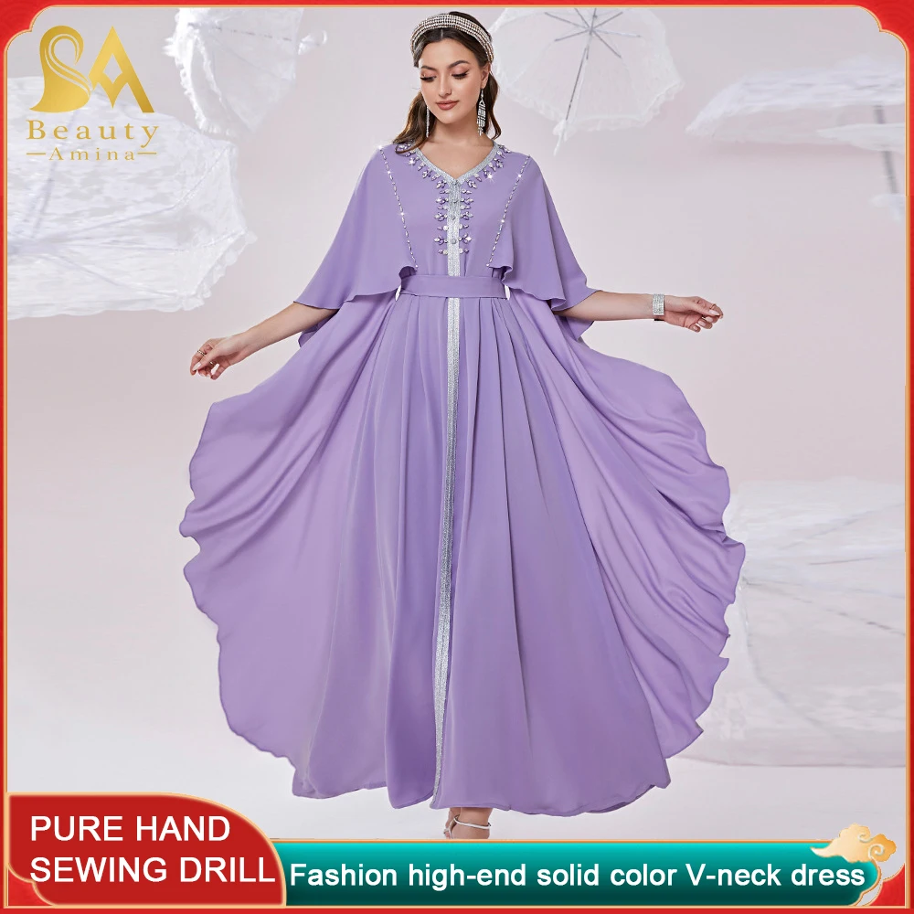 Muslim Dress Fashion V-neck Celebrity Style Long Robe Muslim Ethnic Casual Wear Weekend Party Ramadan Abaya Long Skirt