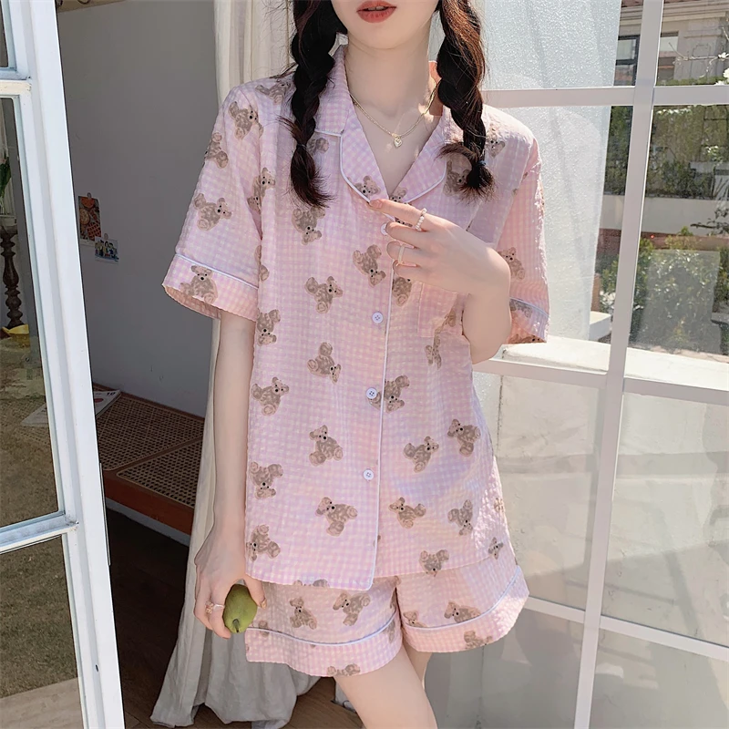 

Пижамный комплект в клетку с коротким рукавом и медведем, женская летняя Пижама, комплект из 2 предметов, хлопковая Домашняя одежда, шорты с карманами, розовый милый D209