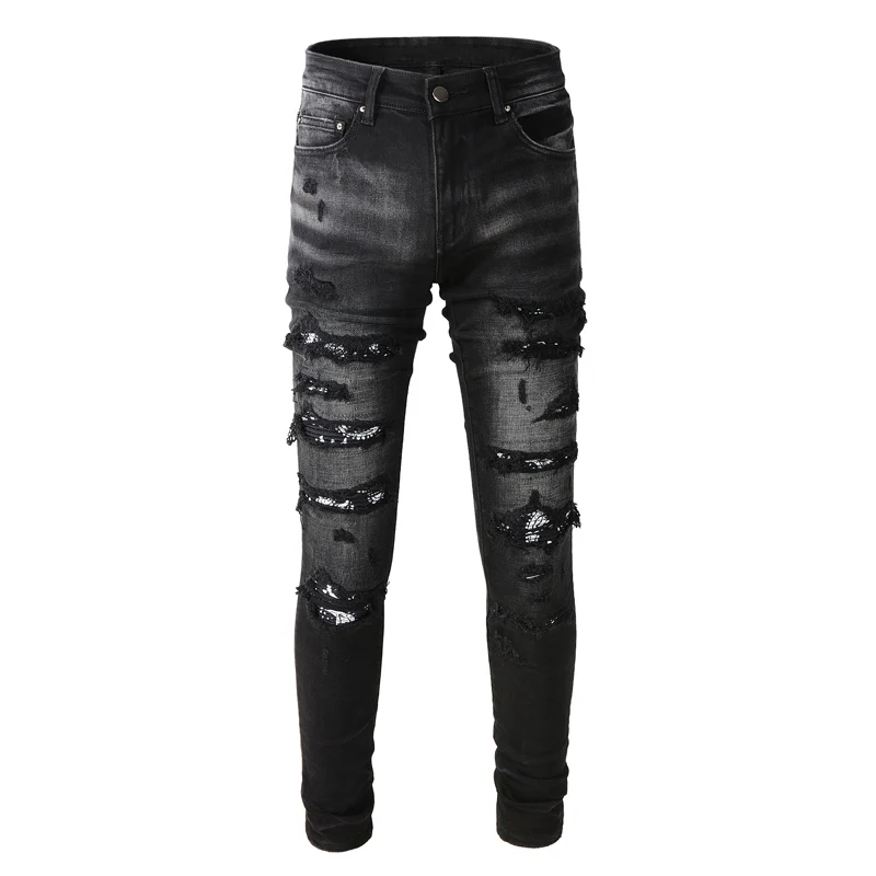 

Джинсы мужские в стиле ретро, модные уличные рваные джинсы Slim Fit, эластичные Брендовые брюки в стиле хип-хоп, Черные Серые, с заплатками
