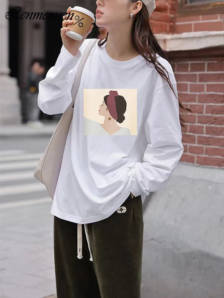Lenmemsen весенние хлопковые футболки с длинным рукавом для женщин повседневные