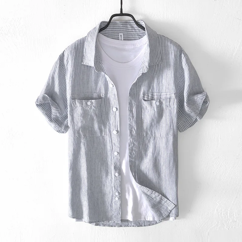 Summer Men's Short Sleeve Striped Shirts 2022 Fashion Shirt Mens Blouses Streetwear Brand Loose Casual Shirt Tops Cotton Linen