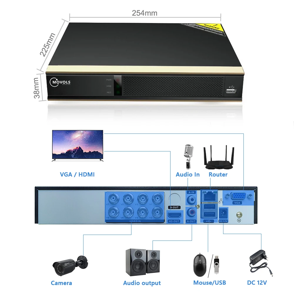 Movols 8CH AI система видеонаблюдения 4 шт. 2MP наружная Всепогодная камера безопасности