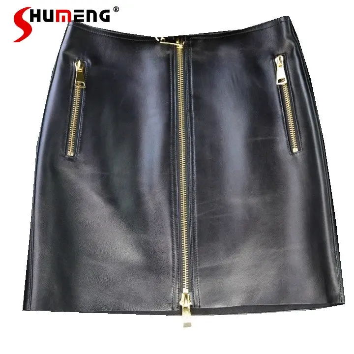 Black Genuine Leather Skirt Female 2022 Fall Winter New Sheepskin High Waist Pocket Slimming Short Hip Wrap A- Line Skirts Woman