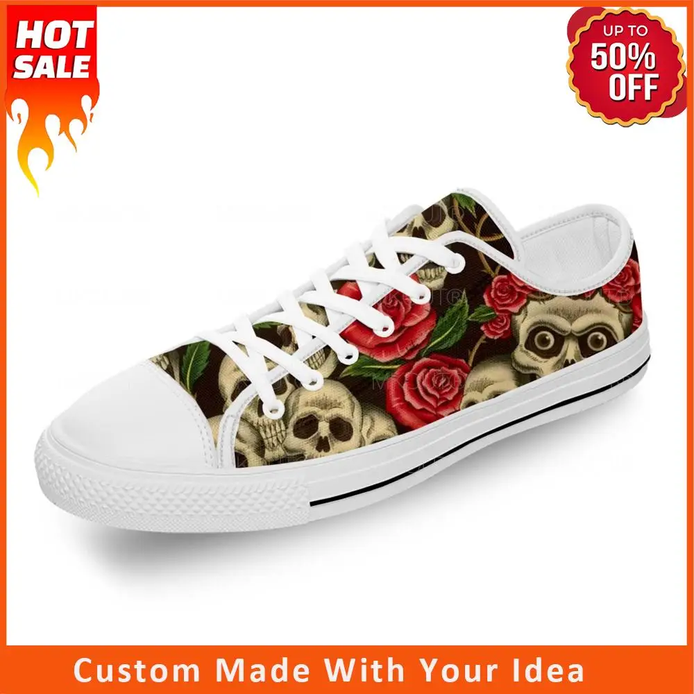 

Sugar Skull Rose Flower Hot Funny White Cloth Fashion 3D Print Low Top Canvas Shoes Men Women Lightweight Breathable Sneakers
