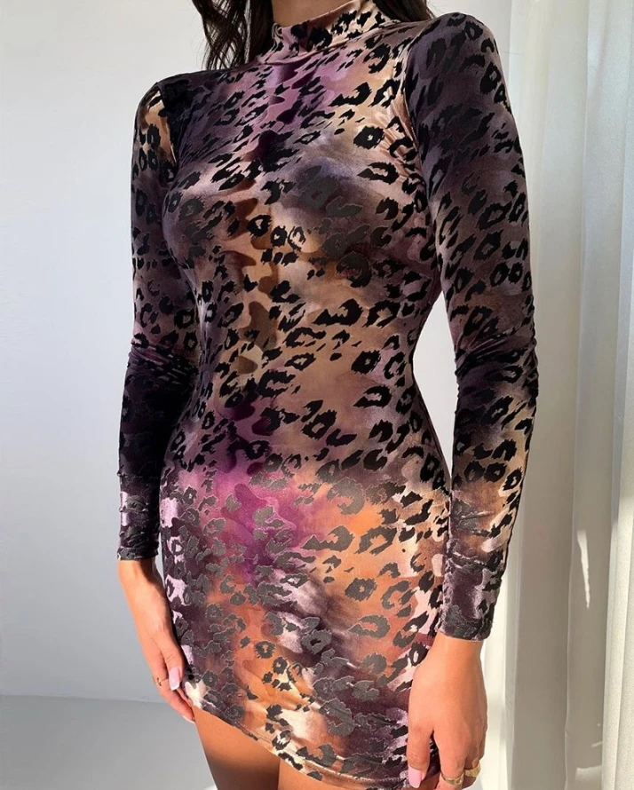 

Dress Leopard Print Long Sleeve Velvet Bodycon Dress Skinny Sexy Mini Dress Autumn Europe and America Fashion Women's Clothing
