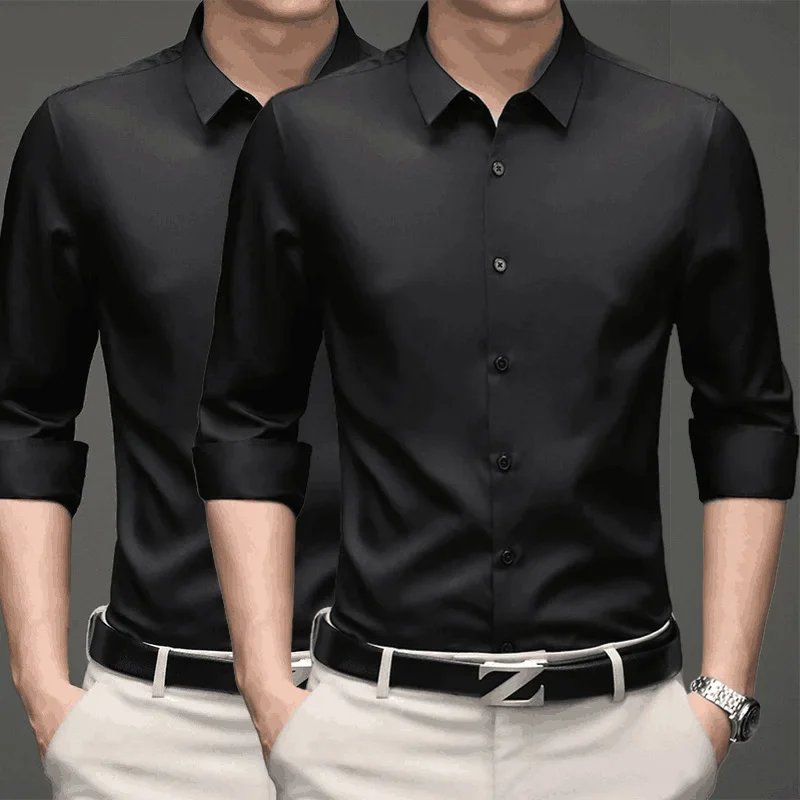 Черные деловые мужские рубашки без железа Корейские тонкие глянцевые дышащие