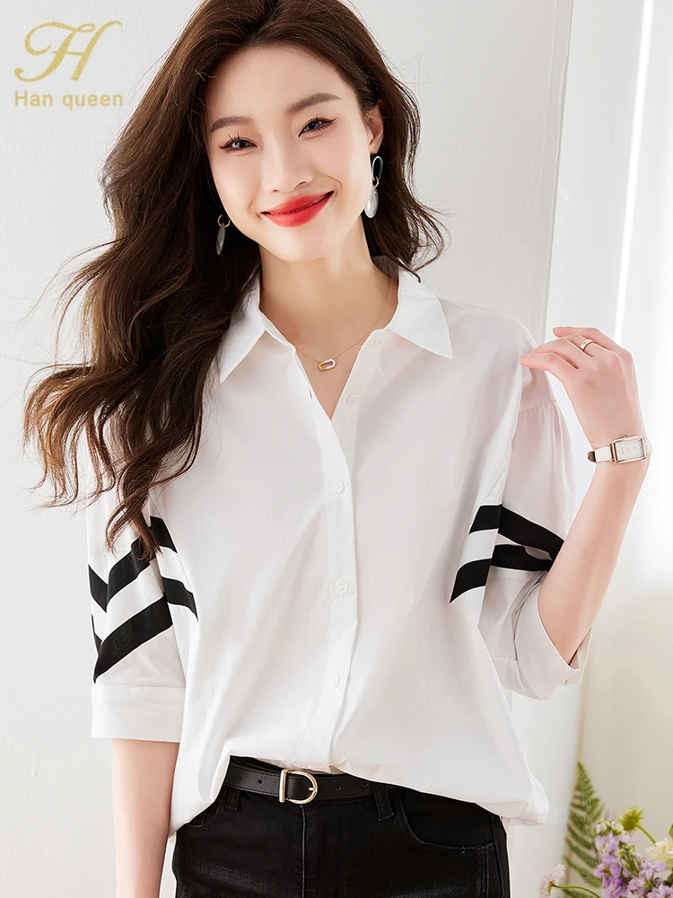 

H Han Queen Summer New Office Blusa Vintage Tops Women Simple Elegant Chiffon Blouses Korean Chic Clashing Stripes Casual Shirts
