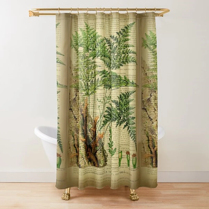 

Занавеска для душа с принтом ботанического папоротника, занавески для душа на старинной книге папоротника для декора ванной комнаты, занавеска для ванны из полиэстера с крючками
