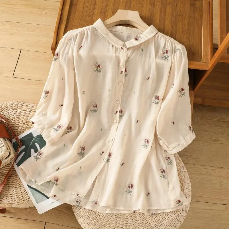Новинка женская рубашка с вышивкой рами женский летний тяжелый удобный топ в