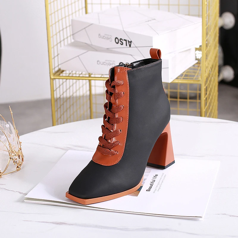 ZOOKERLIN Mixed Color Cross Straps Tapered Heels Women's Boots Winter Fashion Ankle Boots PU Leather Weave Lace Up Woman Booties