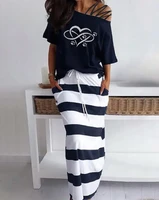 chaxiaoa summer 2022 women strappy heart print t shirt asymmetrical neck striped print casual maxi skirt set