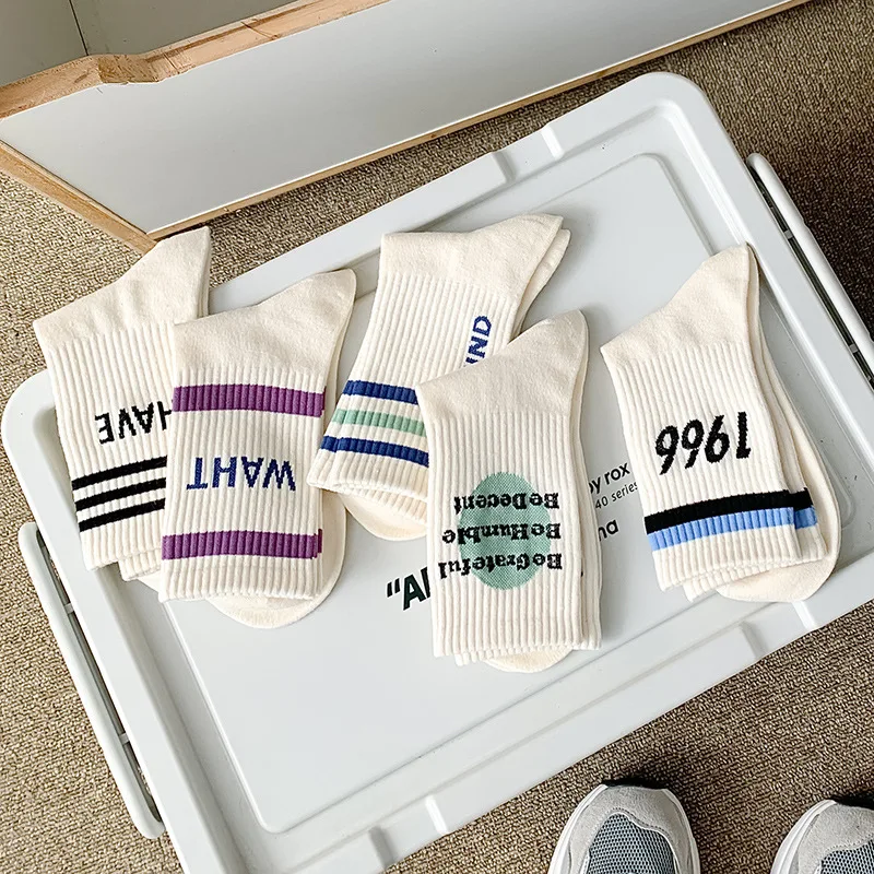 5 pcs New Fashion Sports Medium Tube Cotton Socks Set for Women Simple White Letter High Quality Cotton Socks 5 Pairs