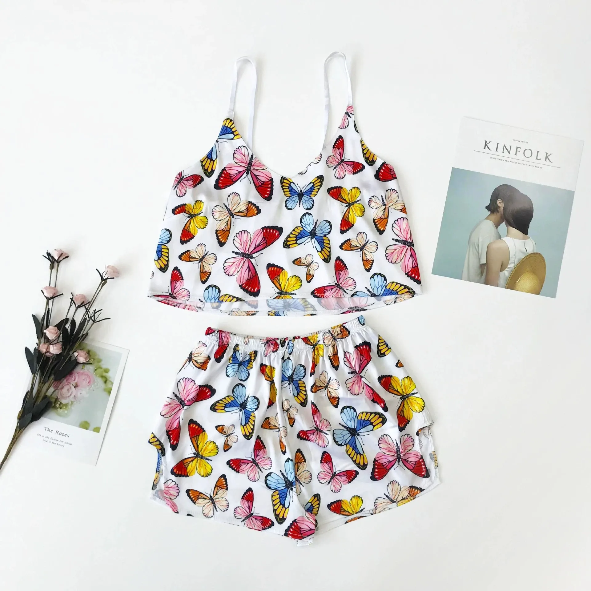 Suspenders Pajamas for Woman Silk Sexy Pijamas Satin Pyjama V Neck Fashion Butterfly Print Clothes Two Piece Set Home Suit